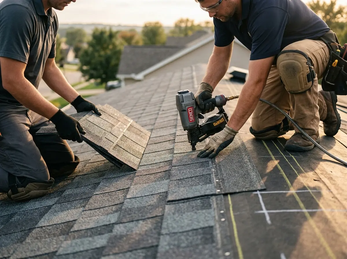 Professional roofer working on a residential roof in Harahan